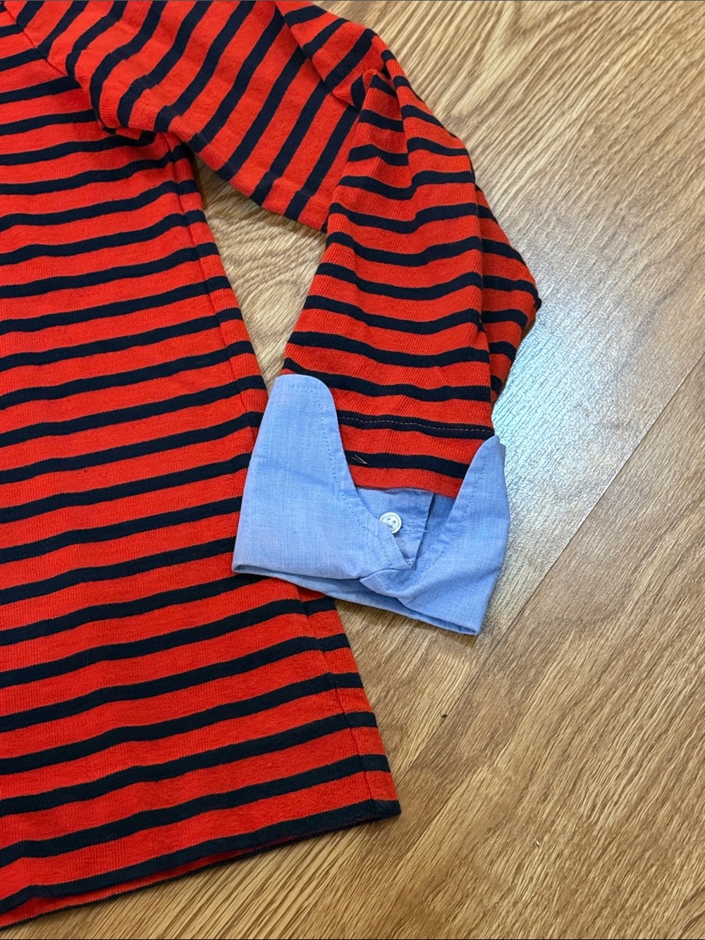 J. Crew Red and Black Striped Long-Sleeve Top with Chambray Cuffs - Picture 4 of 4